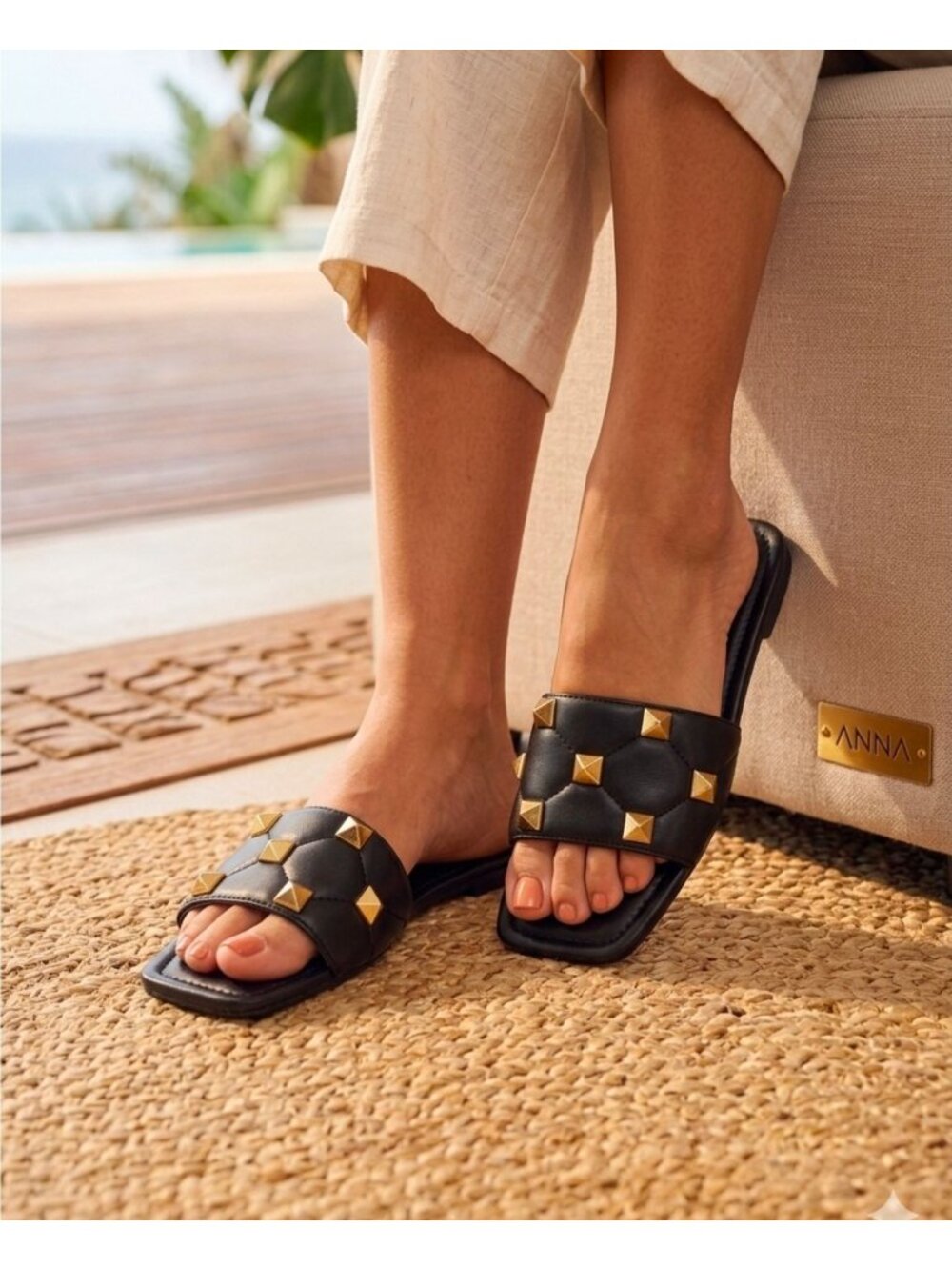 Black Quilted Slides With Gold Studded Detail For Women - Square Toe Slip-On San